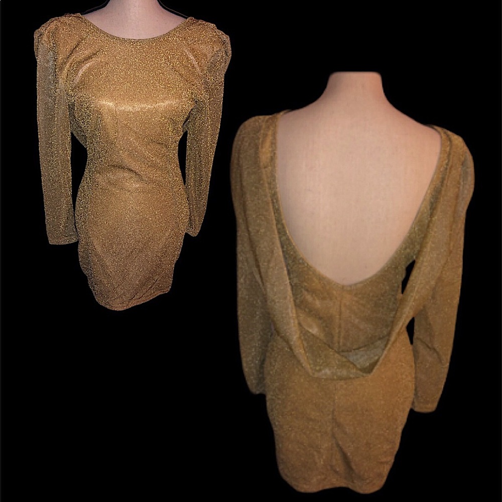 Gold Sparkly Glitter Scoop Open Back Cocktail Evening Dress SEE MEASUREMENTS